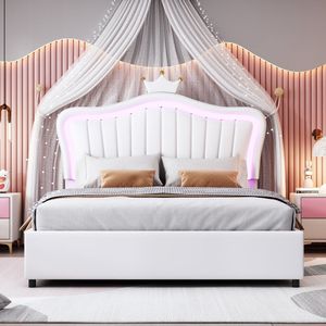 Sweiko Kinderbedje Kussenbed 140 x 200 cm, Hydraulisch Opbergbed, Wit kroonmeisje eenpersoonsbedframe, gemaakt van PU leer, met LED verlichting, Vlak noedelsframe en rugleuning