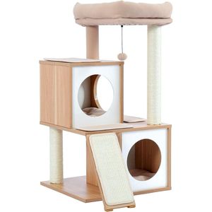 - Krabpaal 93 cm hout kattentoren met dubbele holletjes - Afneembare ruime zitstang volledig omwikkelde sisalstammen - Verwisselbare bungelende ballen 104 cm beige