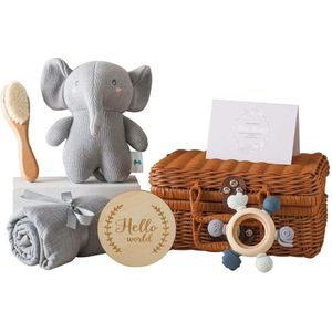 Luxe Baby Geschenk Set Olifantje - Inclusief Rieten Mand! - Kraamcadeau - Natuurlijke Materialen - Unisex Baby Cadeau - Giftset - Babyshower - Kraamvisite