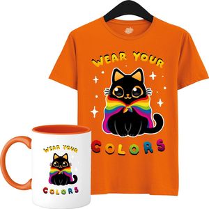 Schattige Pride Vlag Kat - Unisex T-Shirt Mannen en Vrouwen - LGBTQ+ Suporter Kleding - Gay Progress Pride Shirt - Rainbow Community - T-Shirt met mok - Unisex - Oranje - Maat XL
