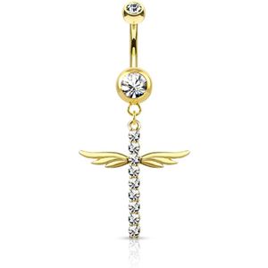 Navelpiercing kruis met wings gold plated