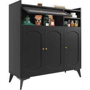 Merax Zwart Dressoir – Moderne Opbergkast met Glazen Deuren en Gouden Handgrepen – 120 x 39,8 x 118,5 cm – Hoge Kast voor Woonkamer of Eetkamer – MDF Kast met Veel Opbergruimte