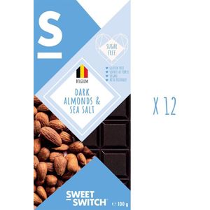 SWEET-SWITCH® - Pure Belgische Chocolade met Amandelen en Zeezout - Chocola - Suikervrij - Glutenvrij - Vegan - KETO - 12 x 100 g