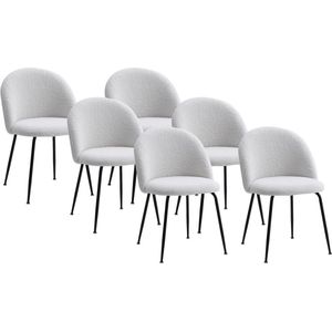 Vente-unique Set van 6 stoelen van boucléstof en zwart roestvrij staal - Wit - MELBOURNE L 50 cm x H 77 cm x D 55 cm