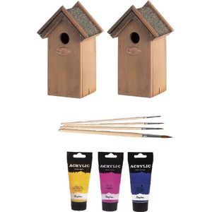 2x stuks houten vogelhuisjes/nestkastjes 22 cm - in het roze/geel/blauw - Dhz schilderen pakket + 3x tubes verf en kwasten