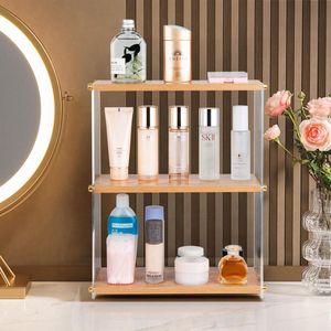 Badkamer aanrecht organizer gemaakt van acryl en hout, 3-laags make-up organizer voor badkamer, decoratieve cosmetische organisator kruidenrek opbergrek voor woonkamer keuken slaapkamer
