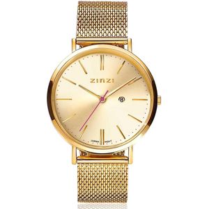 ZINZI Retro horloge goudkleurige wijzerplaat en goudkleurige stalen kast en stalen mesh band 38mm extra dun ZIW410M