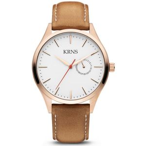 KRNS 1014 - Horloge - Analoog - Heren - Mannen - Leren band - Bruin - Rosékleurig - Wit