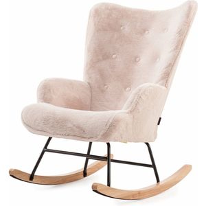 MEBEL6 - Schommelstoel Lammy - Fauteuil binnen - Imitatiebont stof - Licht beige - Houten poten