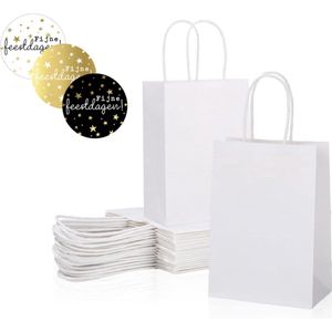 25 kleine papieren cadeautasjes 18x8x22 cm wit + stickers « Fijne feestdagen » Kersttassen met handvat Kersttasje Kerst verpakking draagtassen