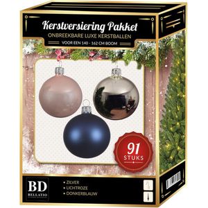 Kerstbal en piek set 91x zilver-lichtroze-donkerblauw voor 150 cm boom - Kerstboomversiering