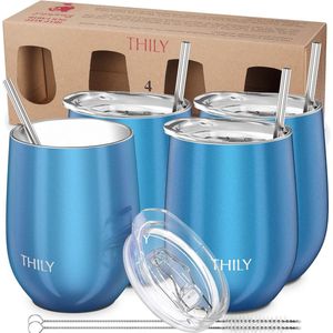 Roestvrij staal stemloze wijnglazen 4-pack drievoudig vacuüm geïsoleerd schattige wijnglazen set reismok met deksel herbruikbaar rietje 12oz koud houden voor biercocktails blauw