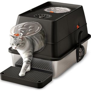 CALIYO Kattenbak XXL van RVS – 40L – Inclusief Geurfilter, Kattenbakschep & Gritmat – Hygiënisch & Duurzaam – Voor Grote & Kleine Katten – Zwart