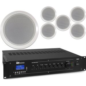 Power Dynamics Plafondspeaker set met 6 witte inbouwspeakers - 100V - Inclusief Bluetooth - 5 inch