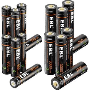 EBL 16-Pack Oplaadbare Batterijen AA & AAA- Rechargeable 3300/ 900 mWH AA/ AAA Batterij met 4x 2in1 Oplaadkabel - Lithium Micro USB Batterijen