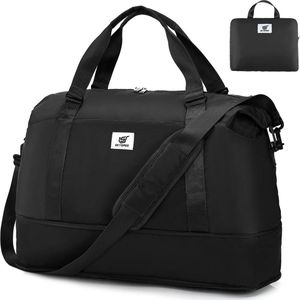 Opvouwbare reistas, groot, waterdichte sporttas voor dames en heren, handbagage, gymtas, weekendtas, reistas, duffle bag voor vliegtuig, reizen, fitness, gym, met trolley-sleeve, zwart