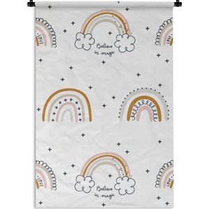 Wandkleed Kinderkamer Patroon - Kinderpatroon met regenbogen en de quote Believe in magic Wandkleed katoen 90x135 cm - Wandtapijt met foto