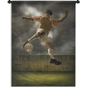 Wandkleed Voetbal illustratie - Een illustratie van een voetballer die tegen de bal schopt Wandkleed katoen 60x80 cm - Wandtapijt met foto