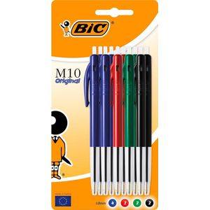 BIC M10 Medium Balpen - Assorti van basiskleuren Blauw  Zwart  Groen en Rood - Pak van 10 stuks - De klassieke balpen