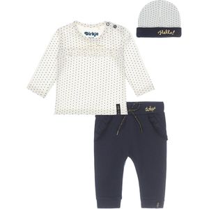 Dirkje BIO Katoen Basic SET(2delig) Navy broek, Off White shirt met stip en mutsje - Maat 56