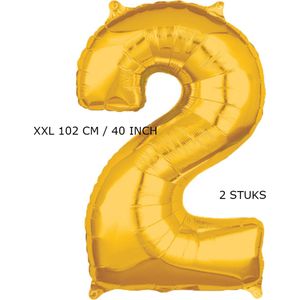 Mega grote XXL gouden folie ballon cijfer 2 jaar. 102 cm 40 inch. Leeftijd verjaardag 2.  Met rietje om op te blazen. 2 stuks