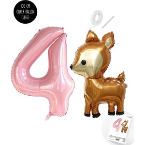 Snoes - Bambi Basis ballon set XXL Cijferballon Baby Pink 4 - Lief Hert + Cijfer Ballon 4 Jaar - Helium Geschikt