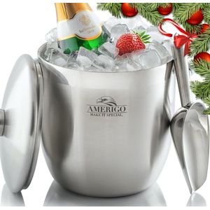 Insulated Ice Bucket - Well Made Double-Walled Ice Cube Tray with Lid - 3 Litre Ice Bucket Stainless Steel for Parties with Lid, Strainer, Ice Tongs + Ice Scoop - Ice Cooler