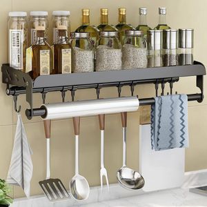 CHIWIN Kruidenrek - Wandrek Keuken Zonder Boren – Kruidenrek met Keukenrolhouder – RVS Organizer met 10 Haken & Afneembare Stang – Magnetisch of Met Schroeven – 60cm Zwart