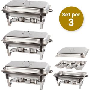 Alora Chafing Dish chrome 3 bakken per 3 - voedsel verwamer - voedsel warmhouden - met deksel - buffetwarmer - roestvrij staal - chrome - warmhoudplaat - bain maria - warmhoudbakken - Warmhoudschalen