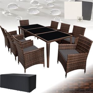 tectake®- Wicker tuinset - 8 stoelen, 1 tafel met glasplaten - Incl. beschermhoes en 2 sets kussenhoezen - Afm. tafel ca. 190x90x75 (LxBxH) - Bruin