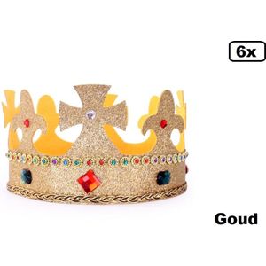 6x Koning Kroon verstelbaar goud glitter met stenen - Themafeest king festival carnaval party