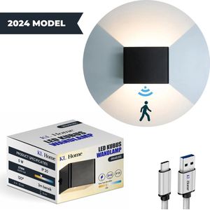 KL Home® - Oplaadbare LED kubus wandlamp - Bewegingssensor - Draadloos - Warm wit 2700K - Zwart - Accu - batterij - Trapverlichting - Sfeer verlichting