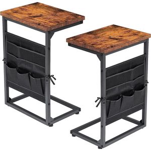 Bijzettafel C-vorm banktafel set van 2 bank salontafel hout kleine salontafel met opbergzakken banktafel woonkamer met bruin metaal