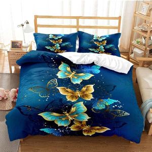 TRANKIELO® - Gouden Vlinder Dekbedovertrek Set – Kleurrijke 3D Vlinders – Duurzaam Polyester – Blauw, Paars – Afmeting 200 x 200 cm