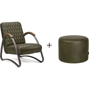 Bronx71® Industriële fauteuil Ivy en poef Kyla eco-leer olijfgroen