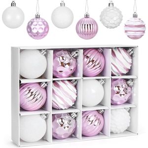 Kerstballen, roze, paars, 12 stuks kerstballen, kunststof, 6 cm, grote plastic ballen, kerstboomversiering, hangdecoraties