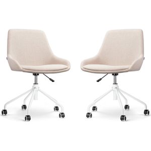 Nolon Nout-Isa Bureaustoelen Set van 2 Beige - Stof - Verstelbaar - Wielen - Zonder Armleuning - Wit Onderstel