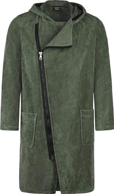 Heren badjas met rits - katoenen badjas voor heren - groene herenbadjas met ritssluiting & capuchon - premium katoen - Cawo - groen - maat L (54/56)