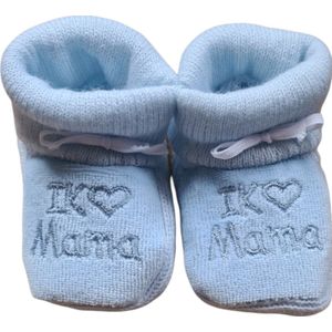 Baby Slofjes - I Love Mama - Blauw - 0-6 maanden - Baby Jongens Sloffen - Kraam Cadeau - Eerste baby schoentjes