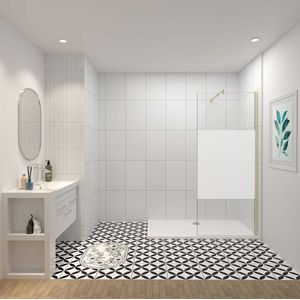 90x200cm inloopdouche, 8mm midden wit gematteerd gehard glas met explosieveilige folie, stabilisatiestang 70-120cm (verstelbaar), goud.