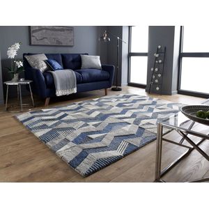 Flycarpets Asher Modern Laagpolig - 100% Wol - Geo Vloerkleed - Blauw - 160x230 cm