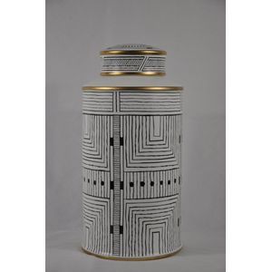 Home Design Keramiek vaas/pot M (28,5cm hoog) met deksel wit/zwart/goud