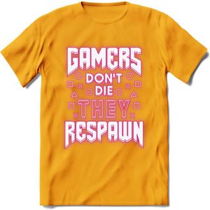 Gamers don't die T-shirt | Neon Roze | Gaming kleding | Grappig game verjaardag cadeau shirt Heren – Dames – Unisex | - Geel - XL