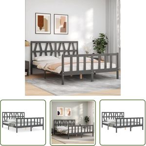 The Living Store Massief Grenenhouten Bedframe - Grijs - 205.5 x 155.5 x 100 cm - Multiplex Lattenbodem - Functioneel Hoofd- en Voeteneinde - Matras niet inbegrepen