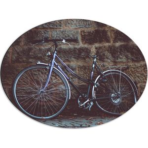 WallClassics - Dibond Ovaal - Oude Kapotte Fiets tegen Stenen Muur - 56x42 cm Foto op Ovaal (Met Ophangsysteem)