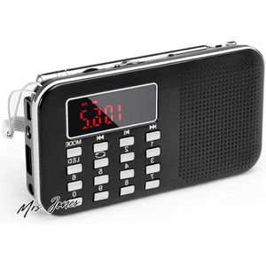 Mrs. Jones Upgrade zwarte draagbare AM/FM-radio met noodverlichting Micro SD/AUX/USB-ondersteuning 1200 mAh oplaadbare batterij .