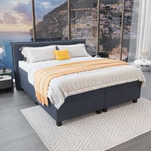 Mörgenn - Boxspring Capri - Pocketvering Boxen én Matrassen - Donkerblauw / Navy - 90x200 cm - Inclusief Dekbed en Kussens