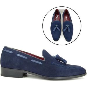 Stravers - Herenschoenen met kwastjes Maat 48 Blauw Suede Grote Maten Tassel Loafers