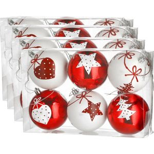 24x stuks gedecoreerde kerstballen rood en wit kunststof diameter 6 cm - Kerstboom versiering