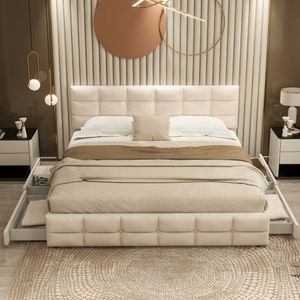 Olsterbett 180 x 200 cm, tweepersoonsbed met 4 laden, lattenbodem en rugleuning, huidvriendelijk tweepersoonsbed van fluwelen stof voor volwassenen en tieners, beige (matras niet inbegrepen)